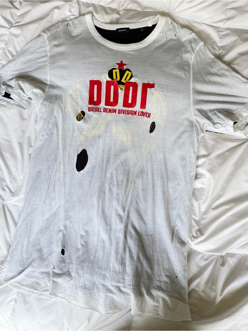 Diesel White Tee with Red Logo and Yellow Accent